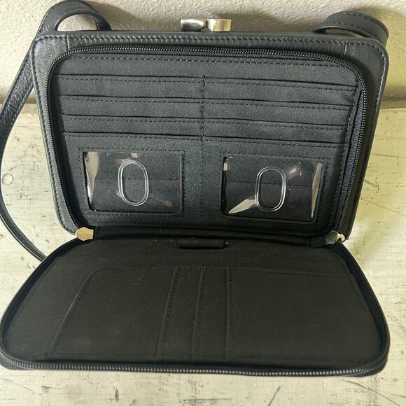 Vintage fossil leather crossbody pockets multi compartment Y2K minimalist black - Picture 13 of 16